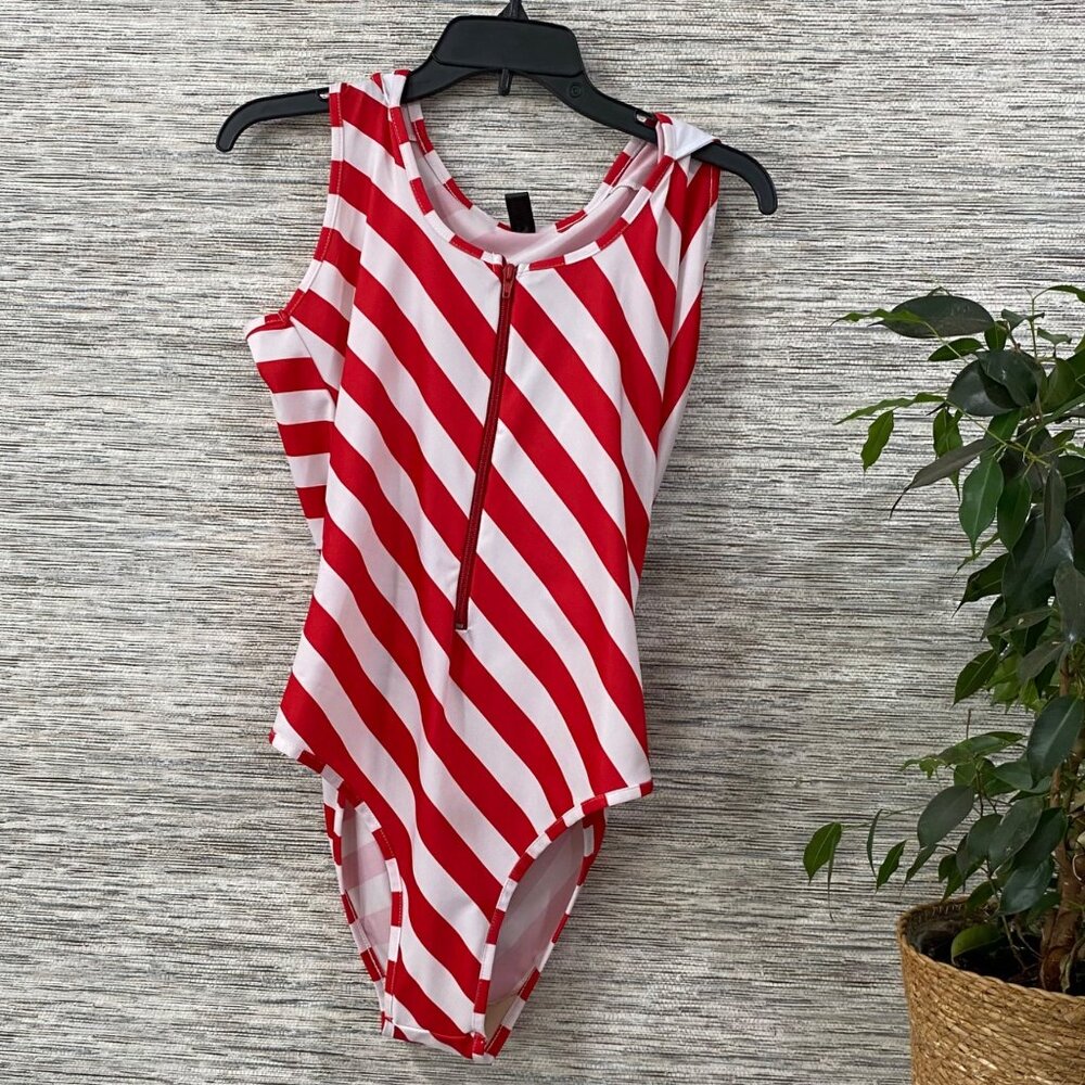 Red & White Striped One-Piece Swimsuit With Front Zipper Closure Hoodie Size XL